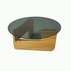 Table basse design en verre fumé – pied bois clair ANZIO