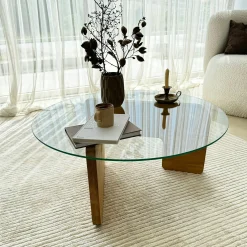 Table basse design en verre - pied bois clair ANZIO