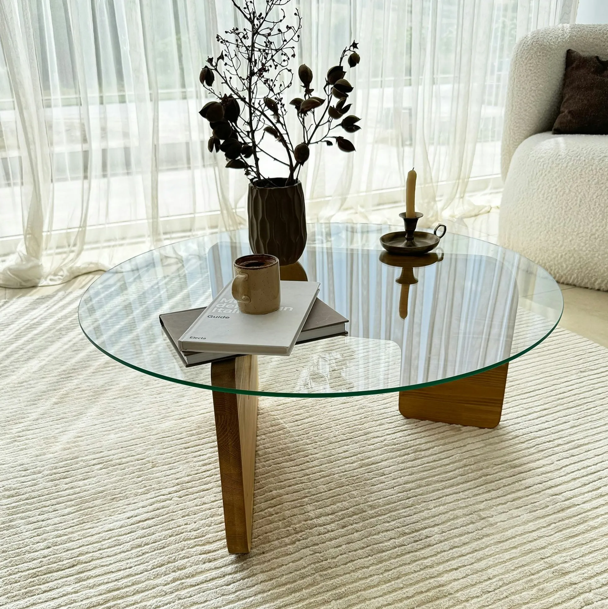 Table basse design en verre - pied bois clair ANZIO