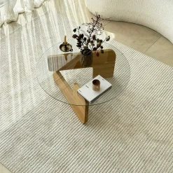 Table basse design en verre - pied bois clair ANZIO