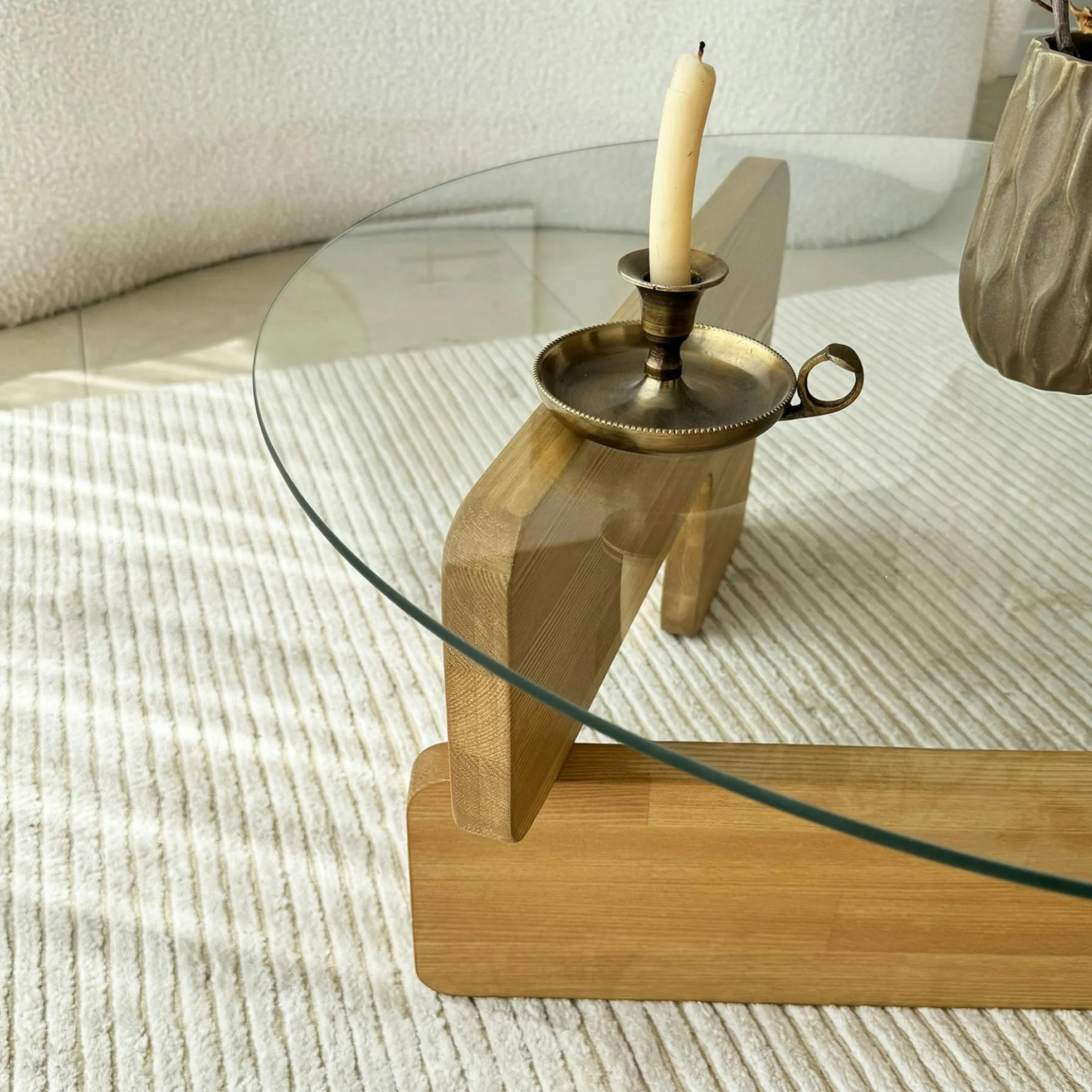 Table basse design en verre - pied bois clair ANZIO
