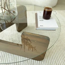 Table basse design en verre - pied bois brun ANZIO
