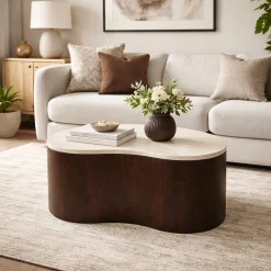 Table basse design organique marbre bois foncé 77 cm DUOMO