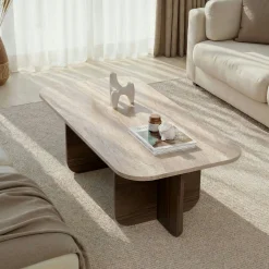 Table basse design organique décor travertin et noyer MARFA