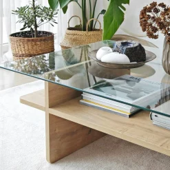 Table basse design 2 plateaux, verre et effet bois SALTA