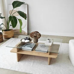 Table basse design 2 plateaux, verre et effet bois SALTA