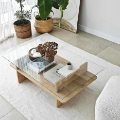 Table basse design 2 plateaux, verre et effet bois SALTA