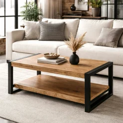 Table basse double plateau bois clair métal noir MILORA