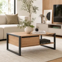 Table basse effet chêne 1 tiroir 1 niche ALVA