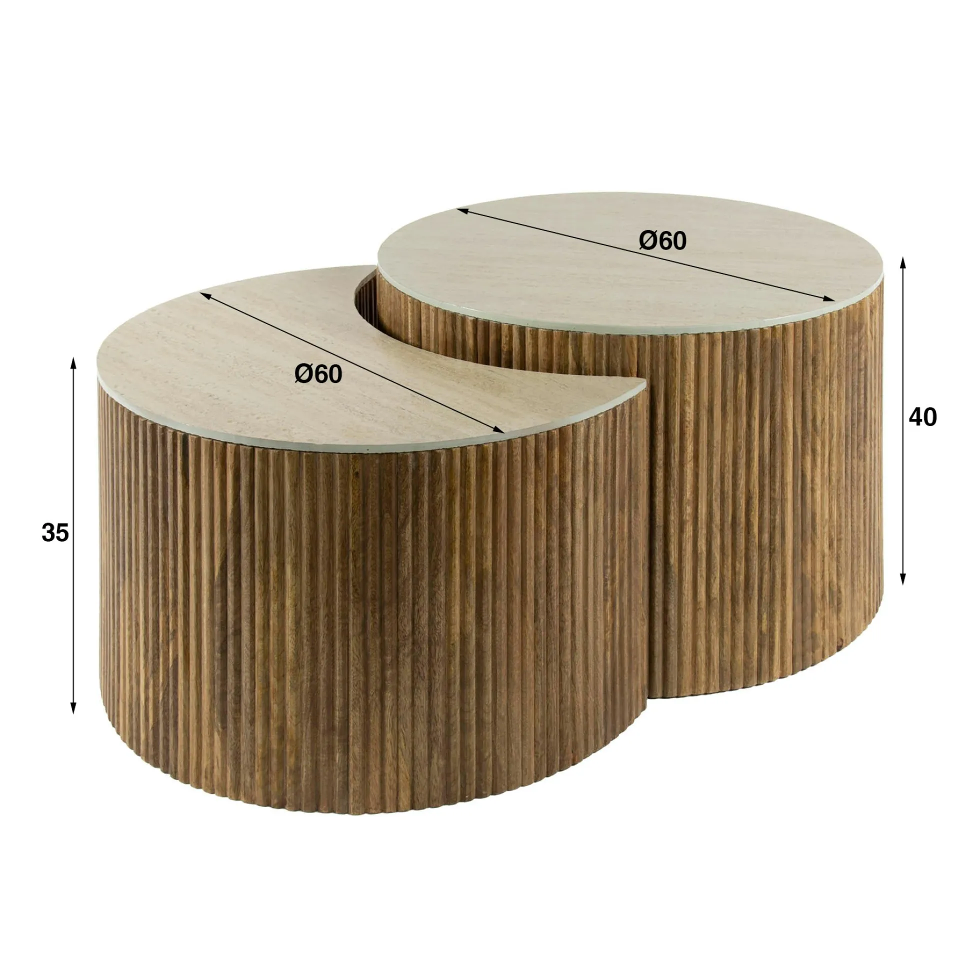Table basse en bois de manguier et céramique, forme lune (lot de 2) ASCOLI