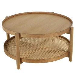 Table basse en bois de mindi 80.5cm avec tablette en rotin naturel TIVARO