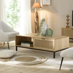 Table basse en bois 2 tiroirs cannage rotin PALMA