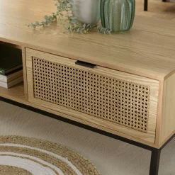 Table basse en bois 2 tiroirs cannage rotin PALMA