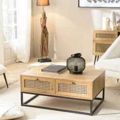 Table basse en bois 4 tiroirs cannage naturel ALCUDIA