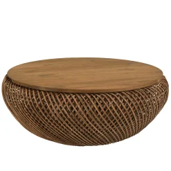 Table basse en rotin couleur marron et bois de teck recyclé D80cm SWING