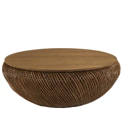 Table basse en rotin couleur marron et bois de teck recyclé D100cm SWING