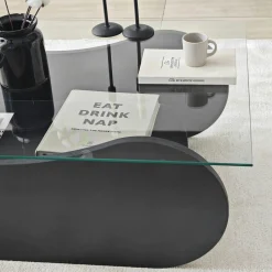 Table basse en verre, base luge noire avec rangement SALTA