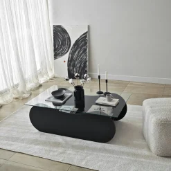 Table basse en verre, base luge noire avec rangement SALTA