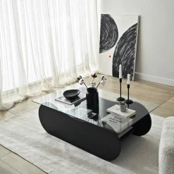 Table basse en verre, base luge noire avec rangement SALTA