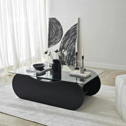 Table basse en verre, base luge noire avec rangement SALTA