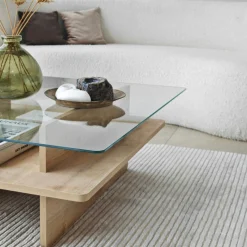 Table basse en verre carrée, base effet bois SALTA