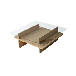 Table basse en verre carrée, base effet bois SALTA