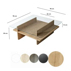Table basse en verre carrée, base effet bois SALTA