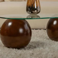 Table basse en verre design – 3 pieds boules marrons KOCHI