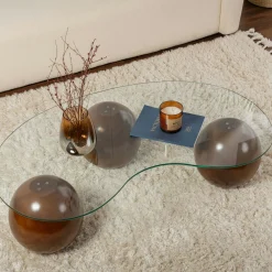 Table basse en verre design – 3 pieds boules marrons KOCHI