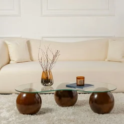 Table basse en verre design – 3 pieds boules marrons KOCHI