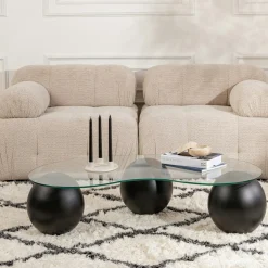 Table basse en verre design – 3 pieds boules noirs KOCHI