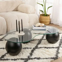 Table basse en verre design – 3 pieds boules noirs KOCHI