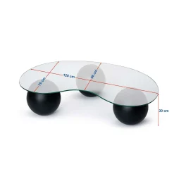 Table basse en verre design – 3 pieds boules noirs KOCHI