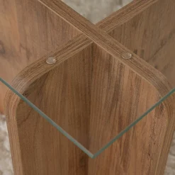Table basse en verre déstructurée – base effet bois SALTA