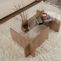 Table basse en verre déstructurée – base effet bois SALTA