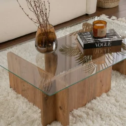 Table basse en verre déstructurée – base effet bois SALTA