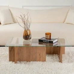 Table basse en verre déstructurée – base effet bois SALTA