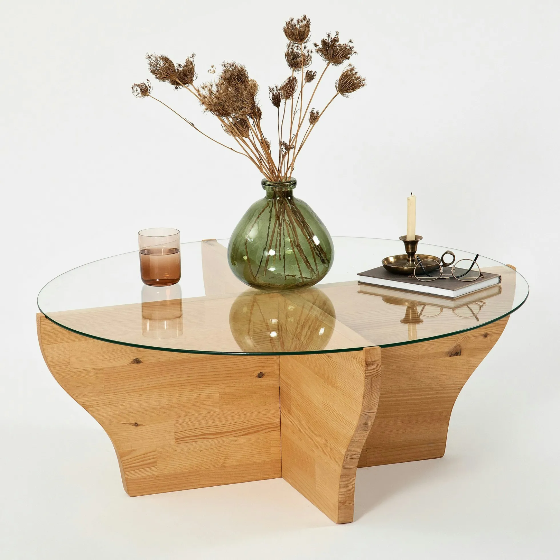 Table basse en verre et bois clair - pied en X, ANZIO