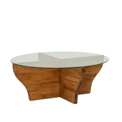 Table basse en verre et bois marron - pied en X, ANZIO