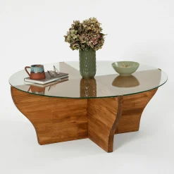 Table basse en verre et bois marron - pied en X, ANZIO