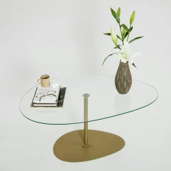 Table basse en verre forme triangle organique pied doré TULUM