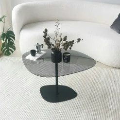 Table basse en verre fumé minimaliste forme galet TULUM