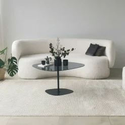 Table basse en verre fumé minimaliste forme galet TULUM