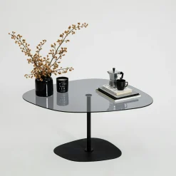 Table basse en verre fumé minimaliste forme galet TULUM