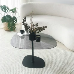Table basse en verre fumé minimaliste forme galet TULUM