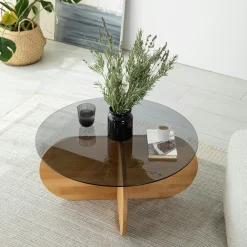 Table basse en verre fumé – pied en croix bois clair ANZIO