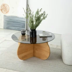 Table basse en verre fumé – pied en croix bois clair ANZIO