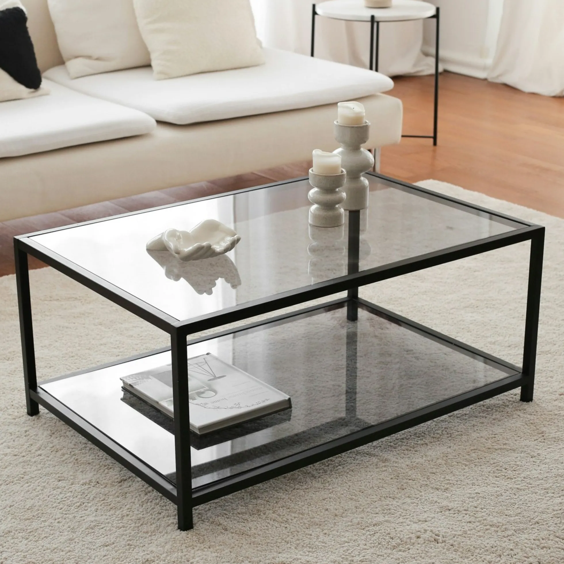 Table basse en verre fumé rectangulaire, 2 plateaux TULUM
