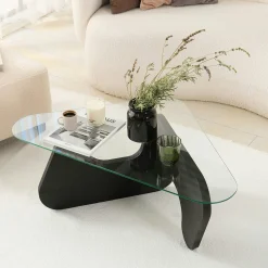 Table basse en verre - pied bois brun, forme triangle ANZIO