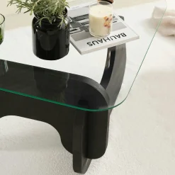 Table basse en verre - pied bois brun, forme triangle ANZIO
